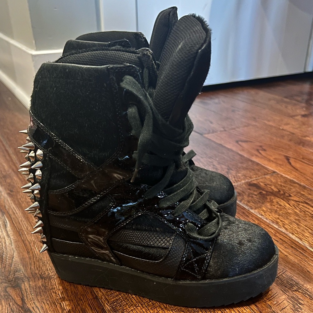 Jeffery Campbell Black pony hair combat spiked wedged sneakers